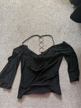 Black Off-Shoulder Long Sleeve Top with Ring Halter Detail
